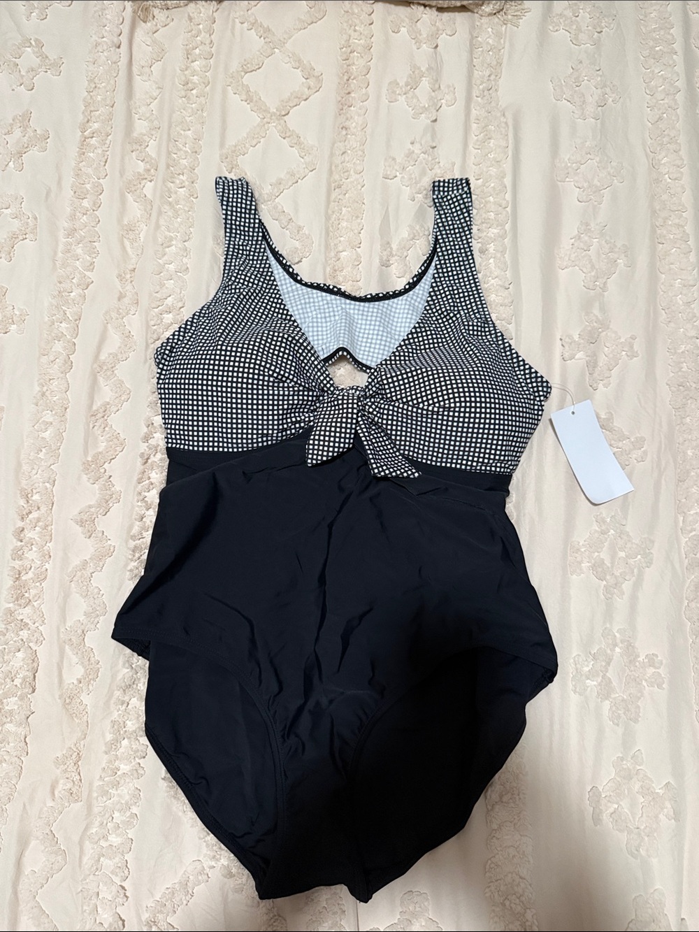Black One-Piece Swimsuit with Gingham Tie Front